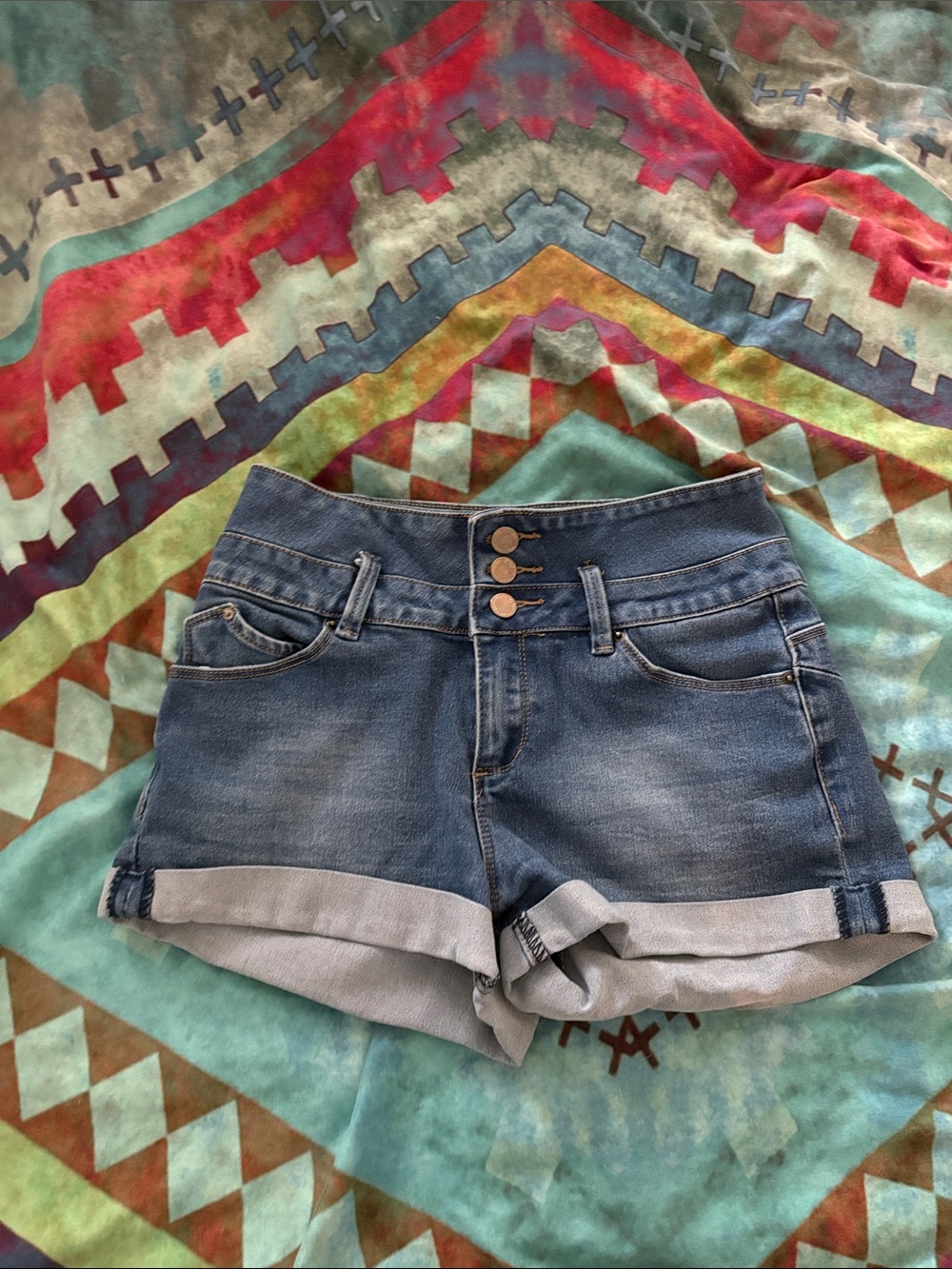 High-Rise Triple-Button Blue Denim Women's Shorts